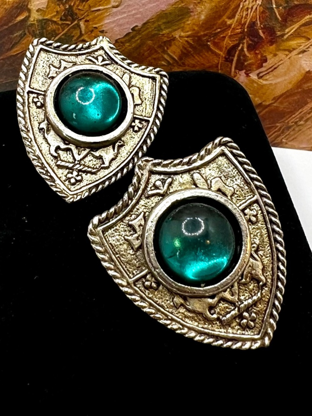 Heraldic Shield Earrings Green Glass Cabochon